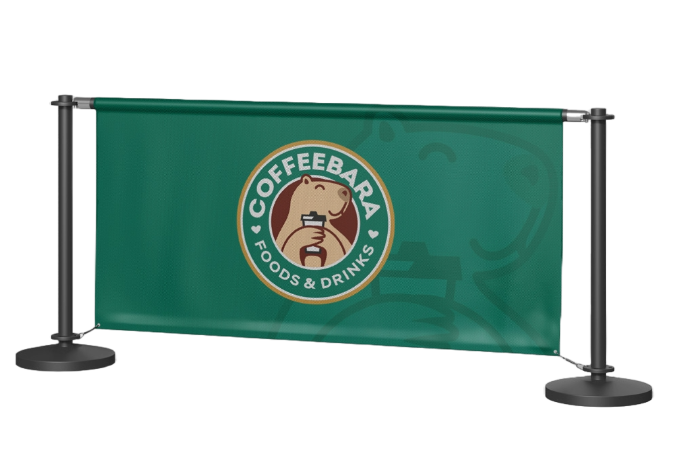 Branded sign hanging between poles