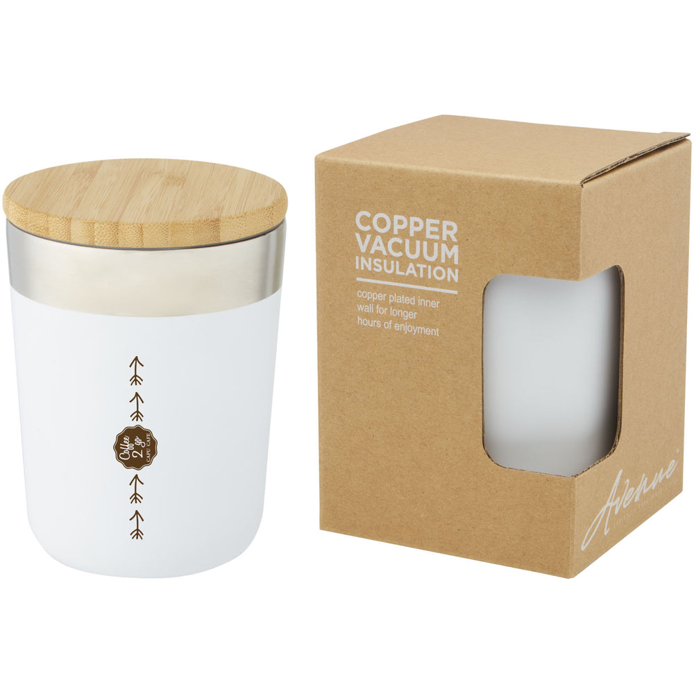 Branded Lagan 300 ml copper vacuum insulated stainless steel tumbler with bamboo lid