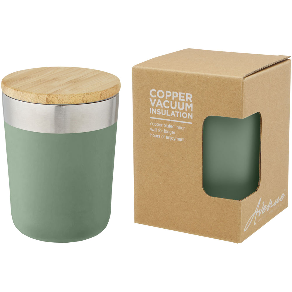 Branded Lagan 300 ml copper vacuum insulated stainless steel tumbler with bamboo lid