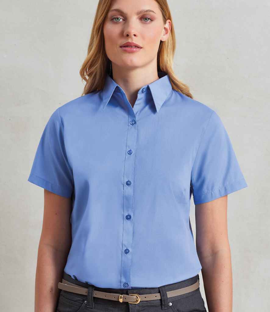 Premier Ladies Short Sleeve Poplin Blouse Mid Blue