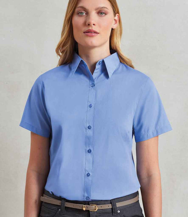 Premier Ladies Short Sleeve Poplin Blouse Mid Blue