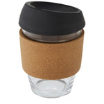 Lidan 360 ml borosilicate glass tumbler with cork grip and silicone lid