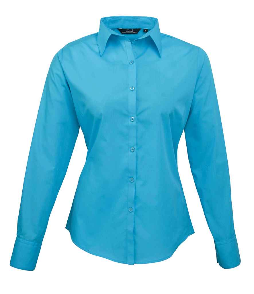 Premier Ladies Long Sleeve Poplin Blouse Turquoise Blue