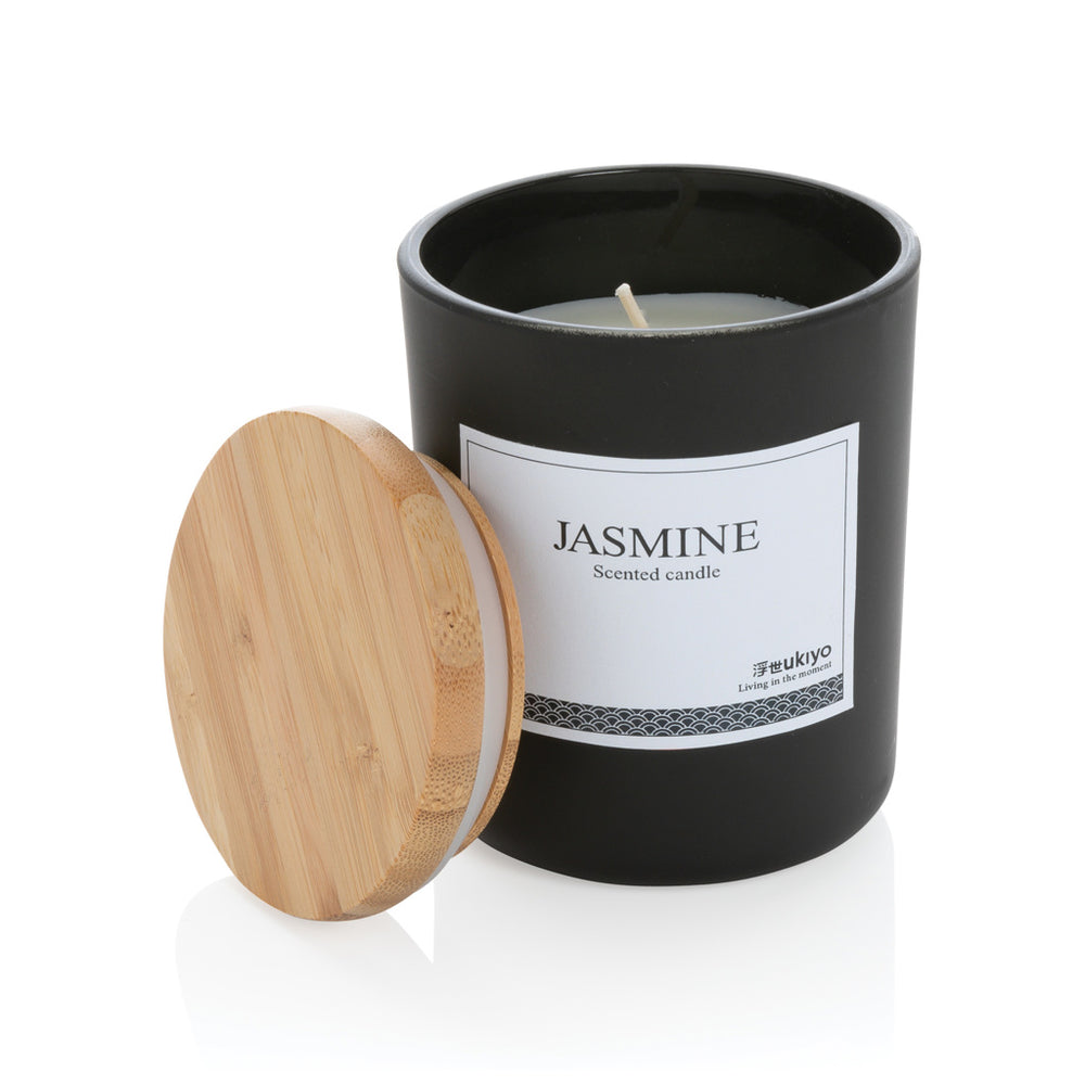 Branded Ukiyo deluxe scented candle with bamboo lid