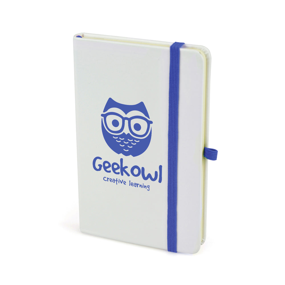 Branded A6 White Notebook with bookmark, pen loop, closure.