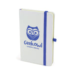 Branded A6 White Notebook with bookmark, pen loop, closure.