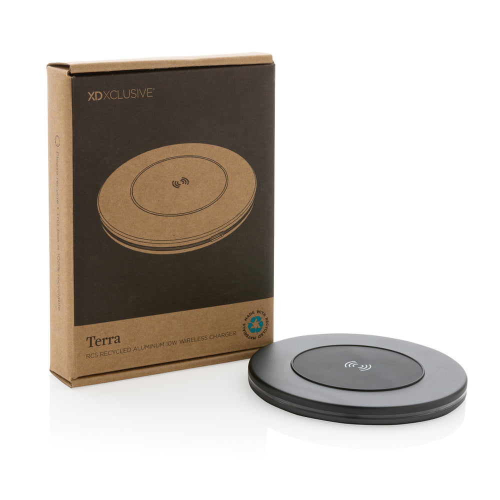 Branded Terra RCS recycled aluminium 10W wireless charger