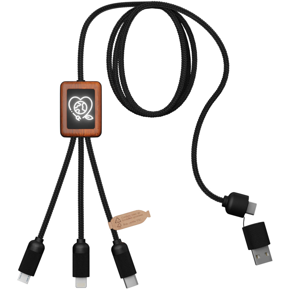 Branded SCX.design C38 5-in-1 rPET light-up logo charging cable with squared wooden casing