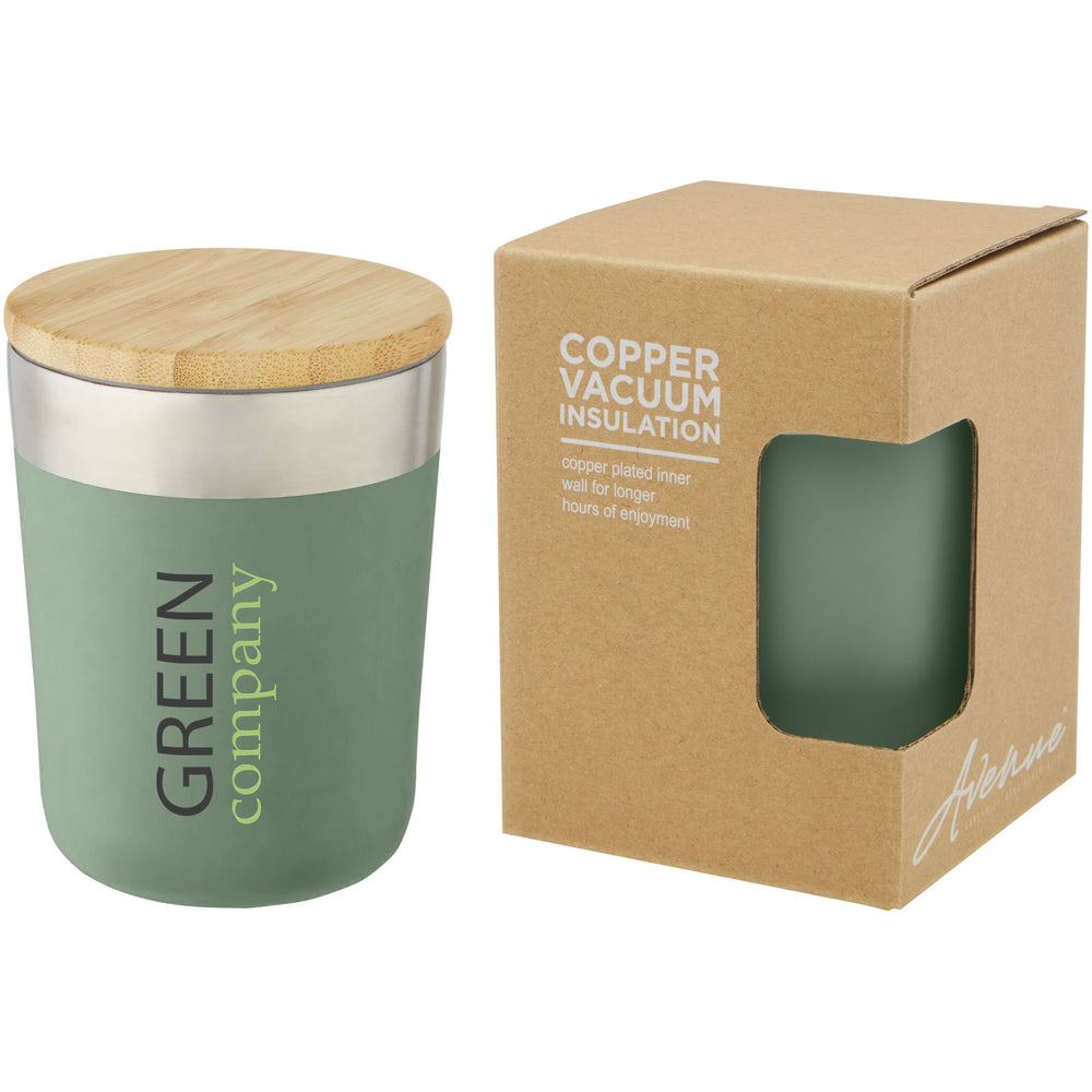 Branded Lagan 300 ml copper vacuum insulated stainless steel tumbler with bamboo lid