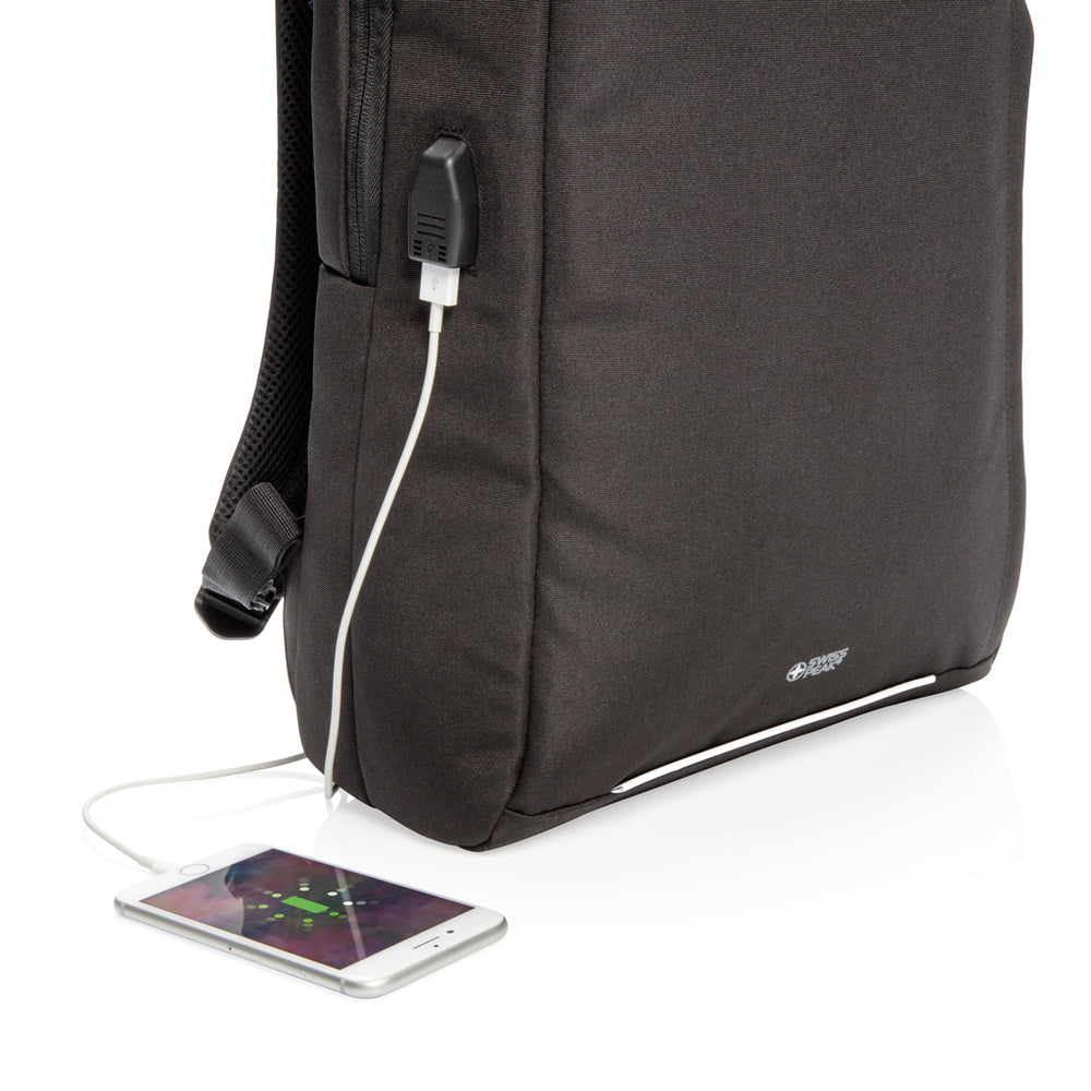 Branded Swiss Peak AWARE™ RFID and USB A laptop backpack