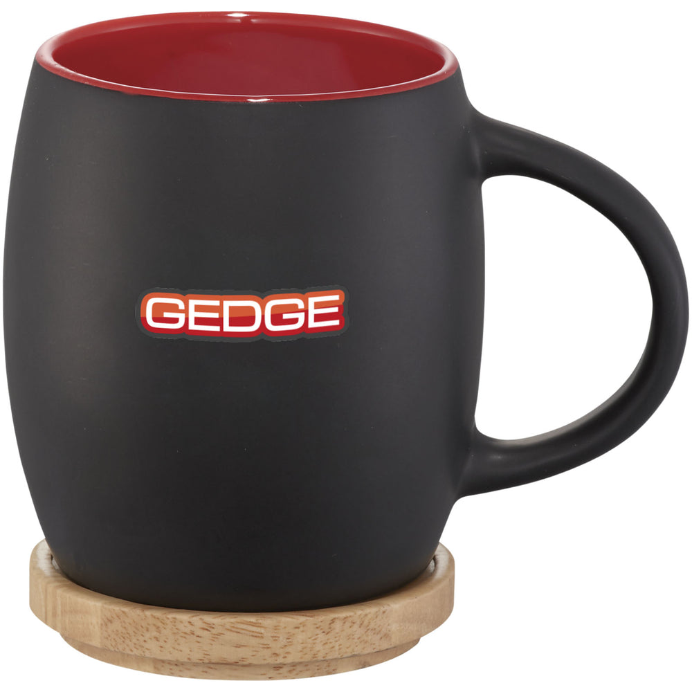 Branded Hearth 400 ml ceramic mug with wooden coaster/lid