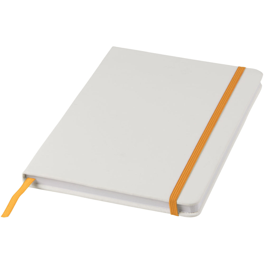 Branded Spectrum A5 white notebook with coloured strap