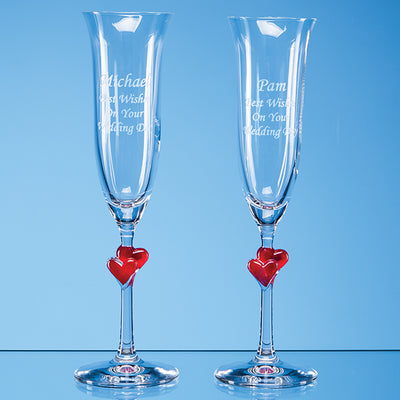 Champagne Flutes featuring 2 red love hearts, paired in an attractive gift box.
