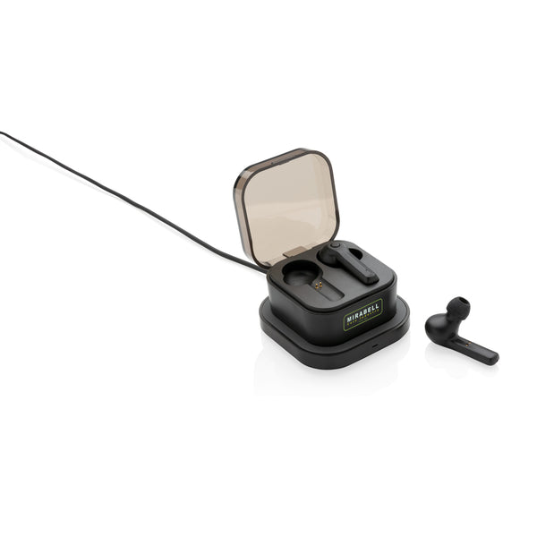 Branded TWS earbuds in wireless charging case