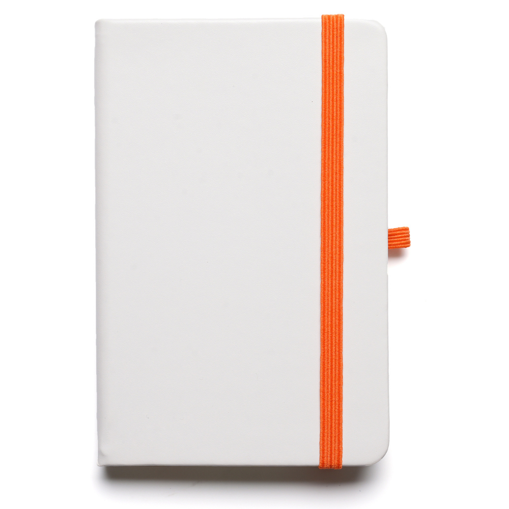 A6 White Notebook with bookmark, pen loop, closure.