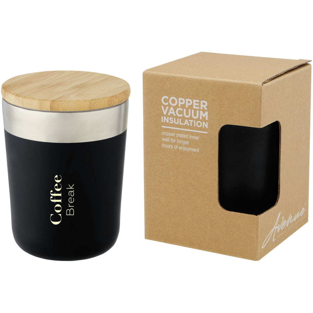 Branded Lagan 300 ml copper vacuum insulated stainless steel tumbler with bamboo lid