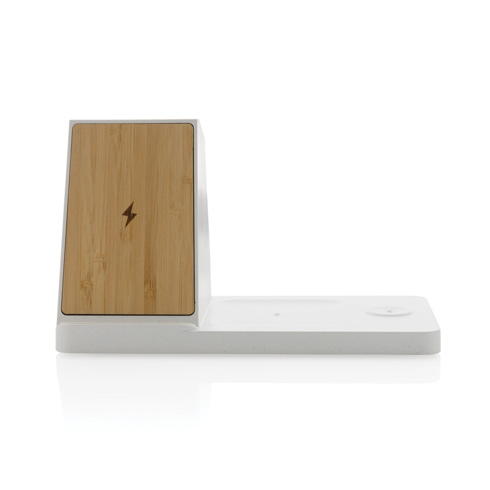 Branded Ontario recycled plastic & bamboo 3-in-1 wireless charger