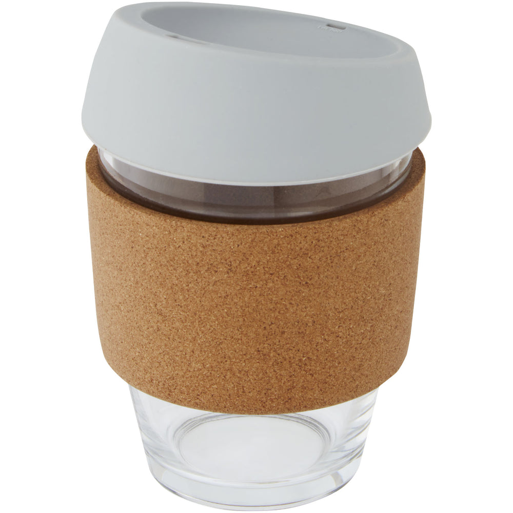 Lidan 360 ml borosilicate glass tumbler with cork grip and silicone lid