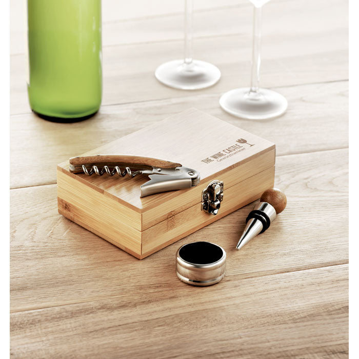 Branded Wine Accessory set in bamboo box
