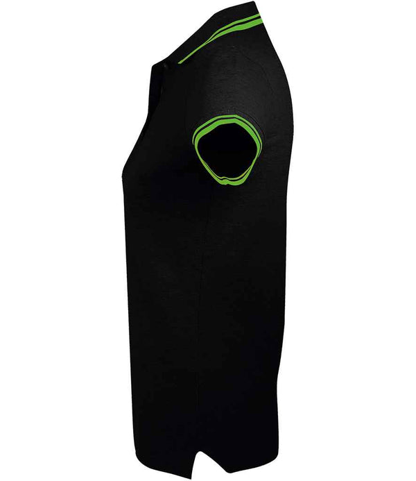 SOL'S Ladies Pasadena Tipped Cotton Piqué Polo Shirt Black/Lime Green