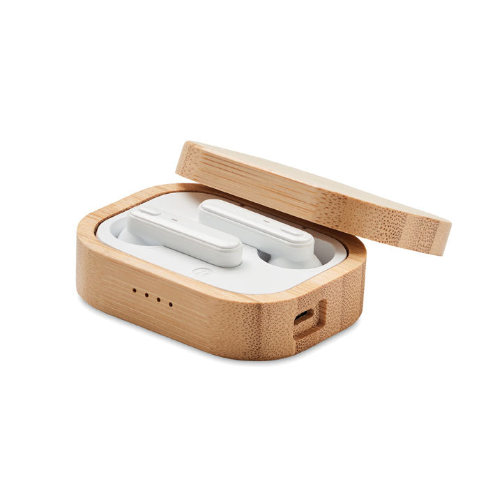 Branded TWS earbuds in bamboo case