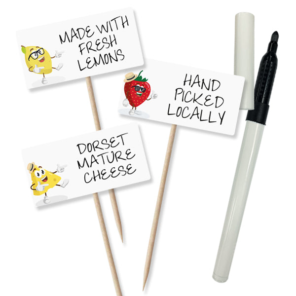 Card Food Flags with a Dry Wipe Laminated Surface.