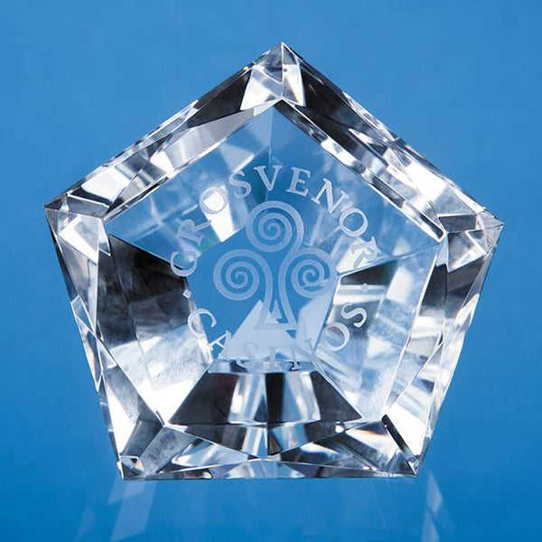 Branded 6cm Optical Crystal Facet Pentagon Paperweight