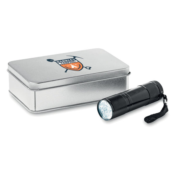 Branded LED torch in tin box
