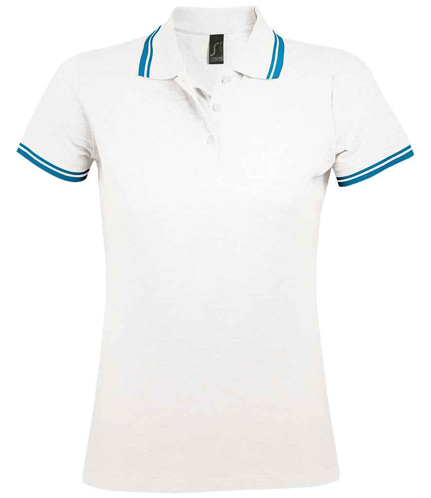 SOL'S Ladies Pasadena Tipped Cotton Piqué Polo Shirt White/Aqua