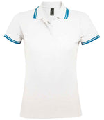 SOL'S Ladies Pasadena Tipped Cotton Piqué Polo Shirt White/Aqua