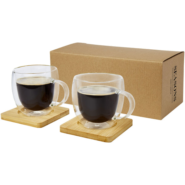 Branded Manti 2-piece 250 ml double-wall glass cup with bamboo coaster