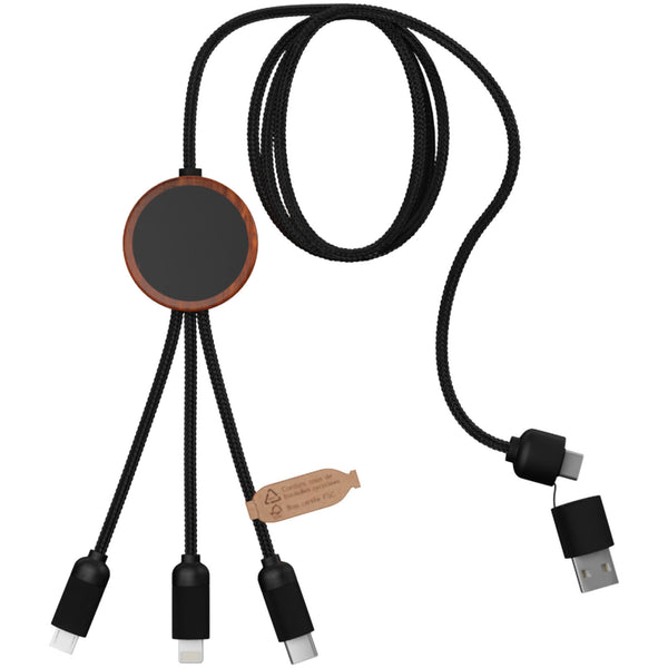 SCX.design C37 5-in-1 rPET light-up logo charging cable with round wooden casing