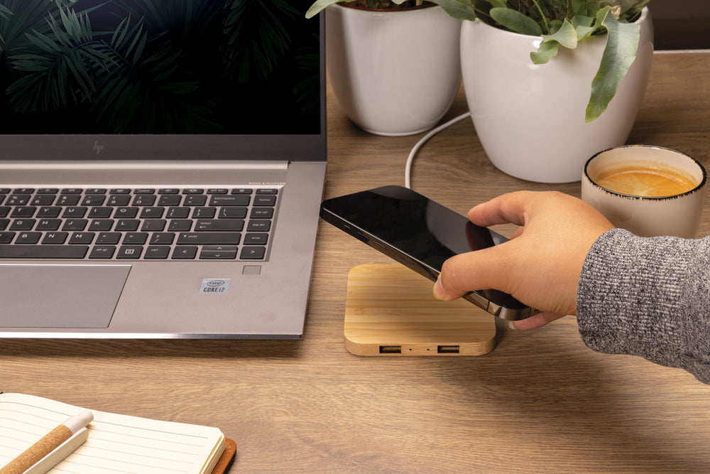 Branded Bamboo 10W wireless charger with USB