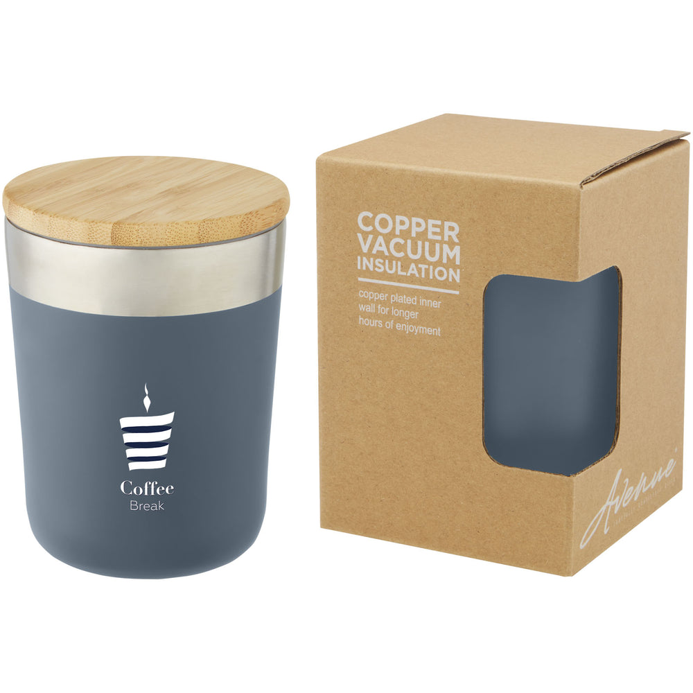 Branded Lagan 300 ml copper vacuum insulated stainless steel tumbler with bamboo lid