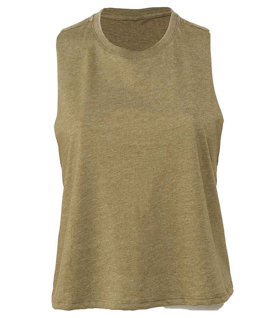 Bella Ladies Racer Back Cropped Tank Top Heather Olive