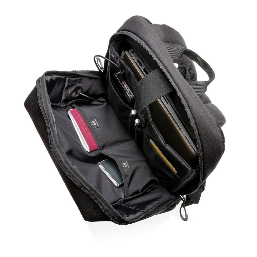 Branded Swiss Peak AWARE™ RFID and USB A laptop backpack
