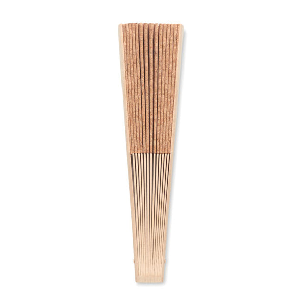Branded Wood hand fan with cork fabric