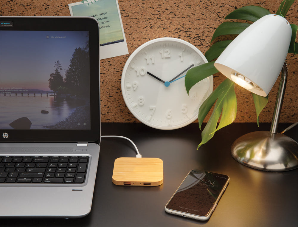 Branded Bamboo 5W wireless charger with USB