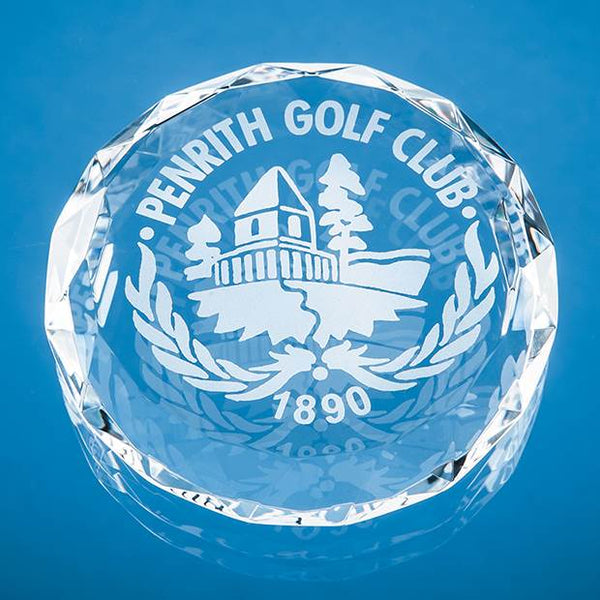 Branded 8cm Optical Crystal Facet Circle Paperweight