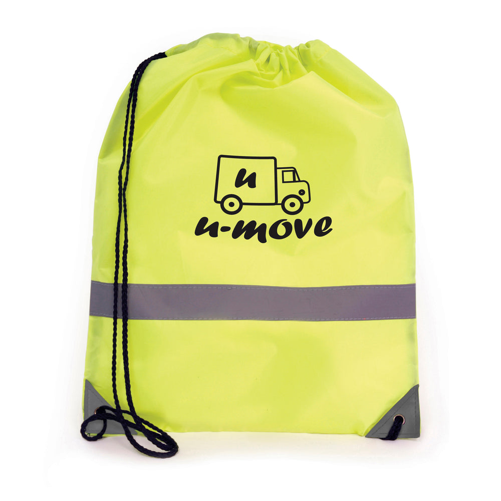 Branded Fluorescent drawstring bag with reflective strip. 210D polyester