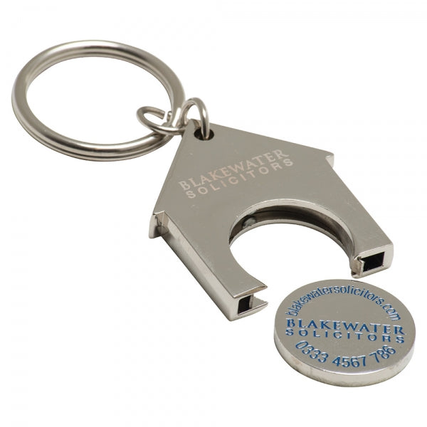 Branded House Shaped Trolley Coin Keyring (Stamped Iron Soft Enamel Infill)