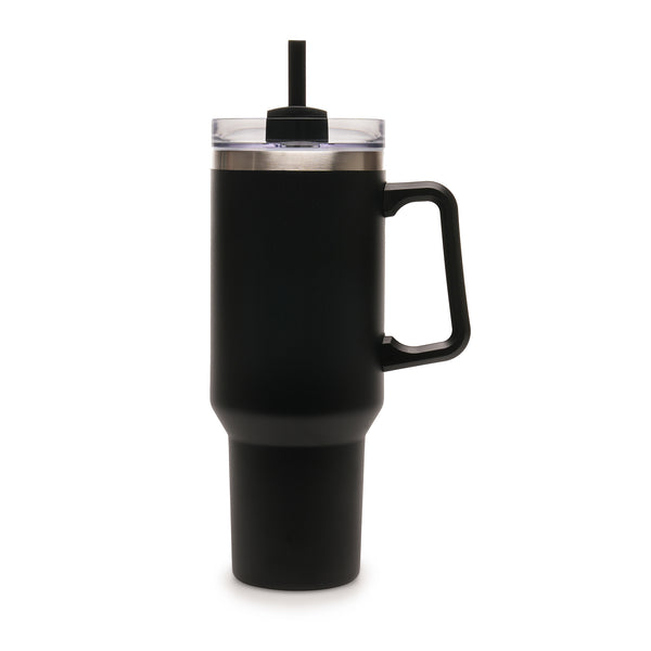 Everest BLACK Stainless Steel Mug with Straw and Handle - 1182ml