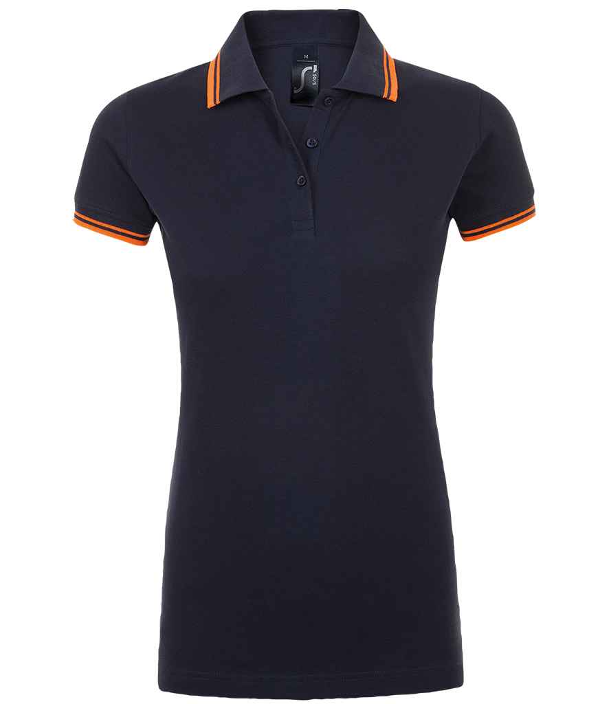 SOL'S Ladies Pasadena Tipped Cotton Piqué Polo Shirt French Navy/Neon Orange