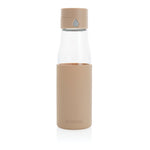 Branded Ukiyo glass hydration tracking bottle with sleeve