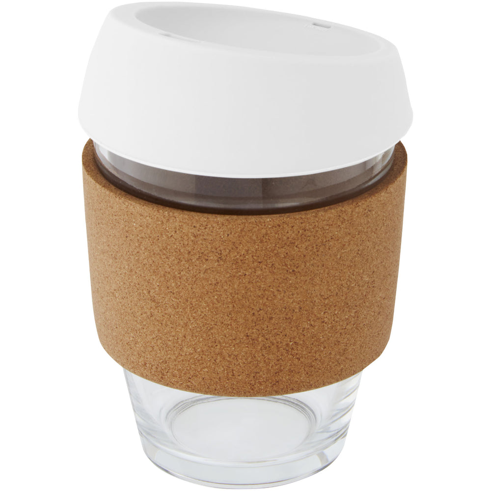 Lidan 360 ml borosilicate glass tumbler with cork grip and silicone lid