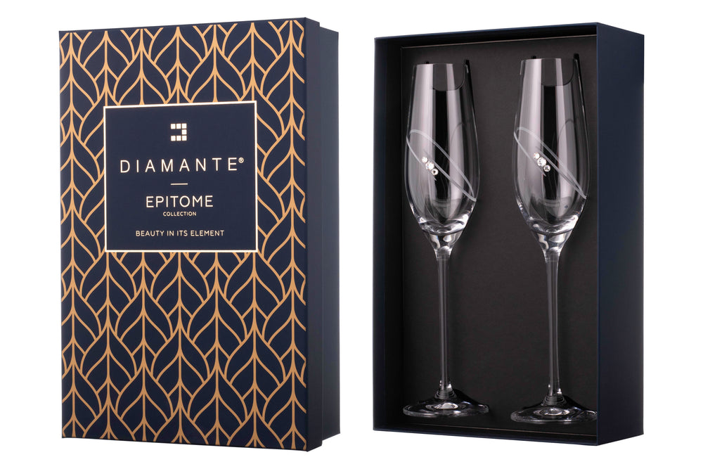 2 'His & Hers' Diamante Champagne Flutes with Orbital Design in a Satin Lined Gift Box