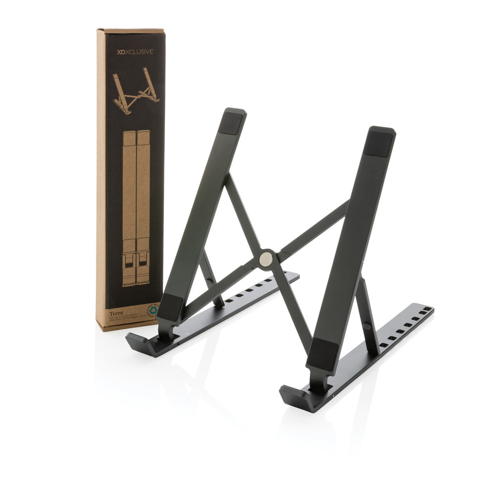 Branded Terra RCS recycled aluminium universal laptop/tablet stand