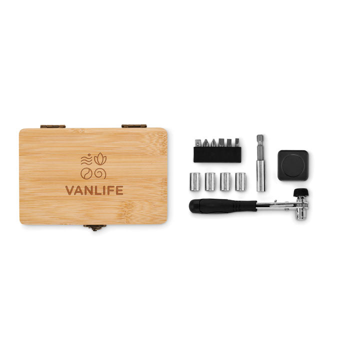 Branded 13 piece tool set, bamboo case