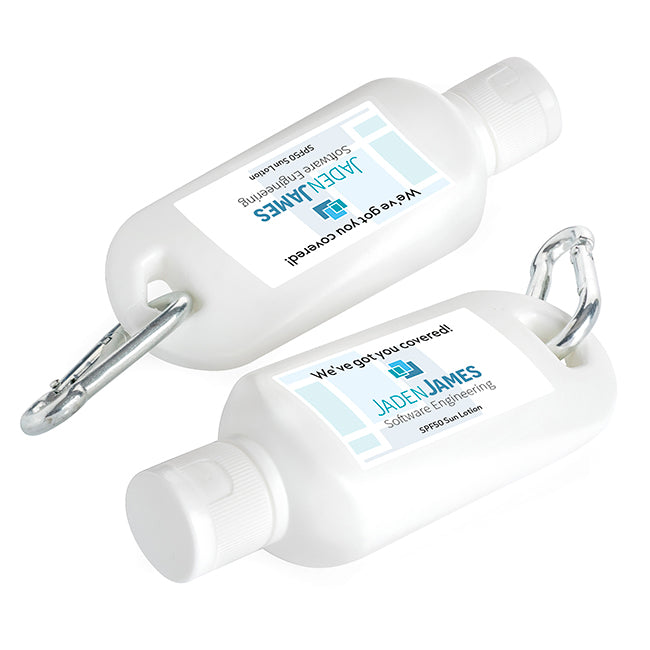 SPF50 Sun Lotion on a Carabiner Clip