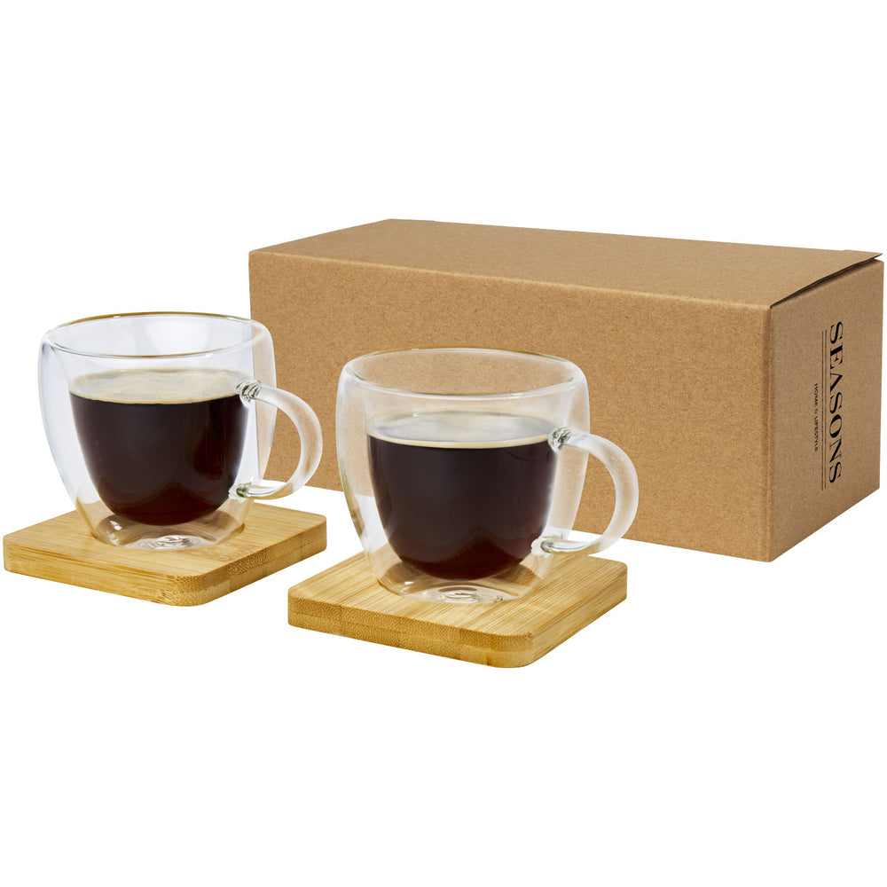 Branded Manti 2-piece 100 ml double-wall glass cup with bamboo coaster
